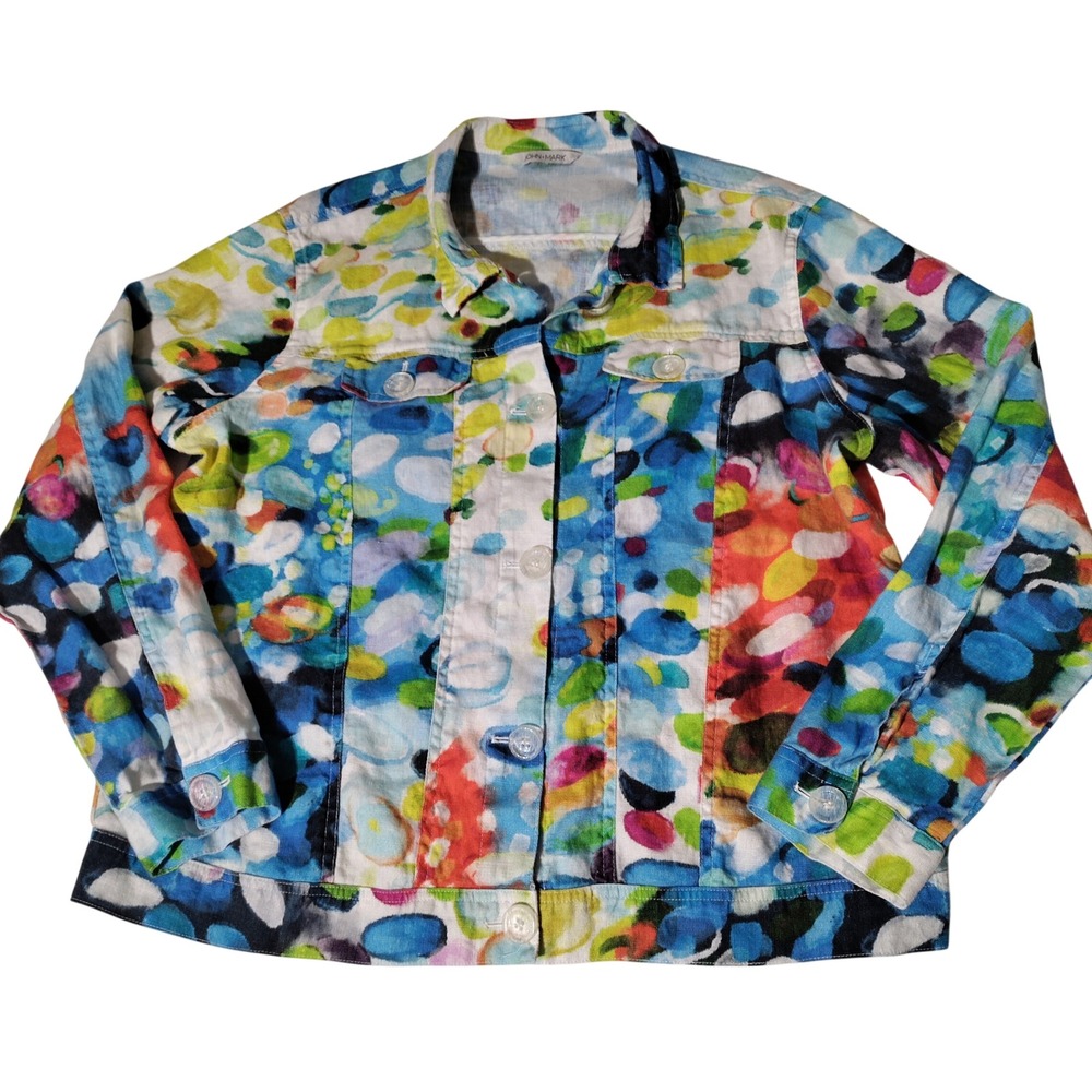 John Mark Womens 100% Linen Abstract Watercolor Dot Button Front Jacket (SZ L?)